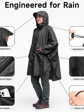 Men's Black Rain Poncho Jacket - Waterproof Hooded Coat
